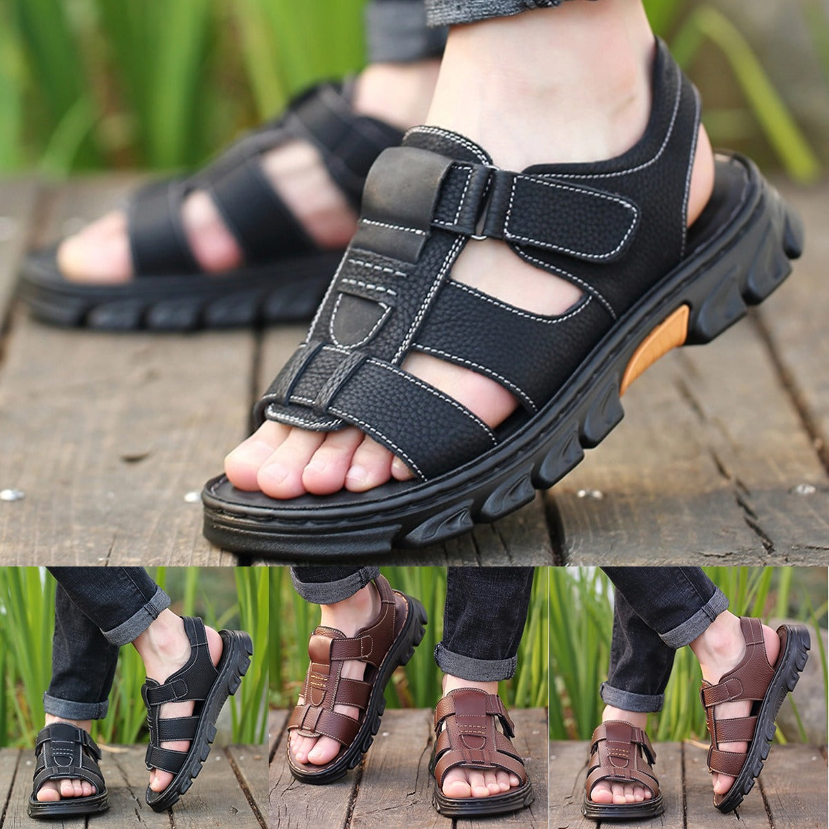 🔥【38~44】Sandale de plajă pentru bărbați, din piele moale, anti-alunecare, lucrate manual.3968064