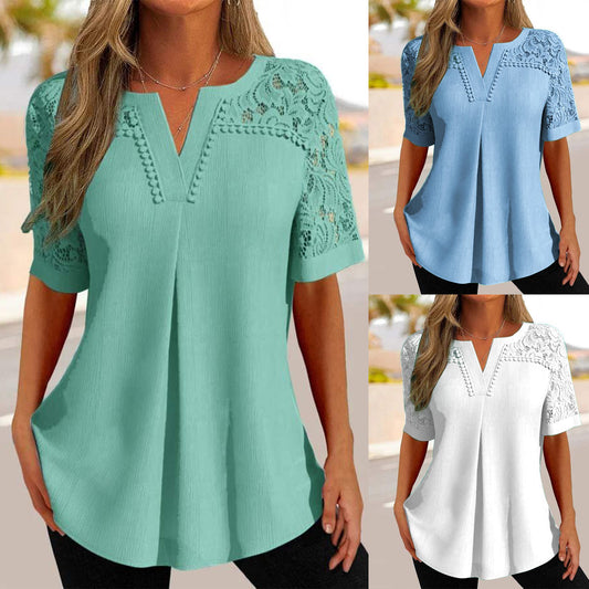 😍【Reducere fierbinte】✨【S-6XL】Treu cu mânecă scurtă din dantelă pentru femei, la modă nouă_3968078